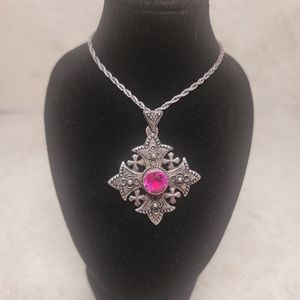 Jerusalem Cross Pendant with Pink Gemstone